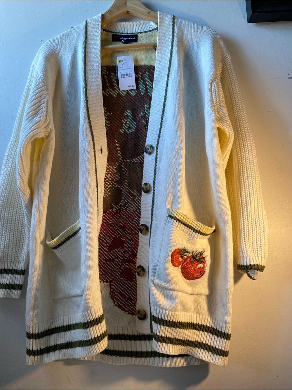Cream Knit Cardigan with Green Trim and Tomato Patch